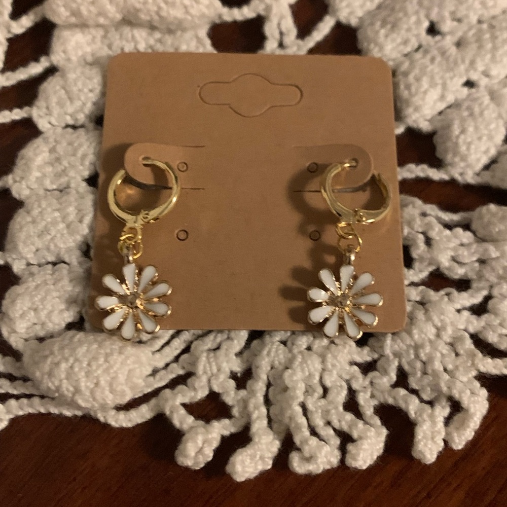 *3 for $20* White and Gold Enamel Flower Huggie Hoop Earrings